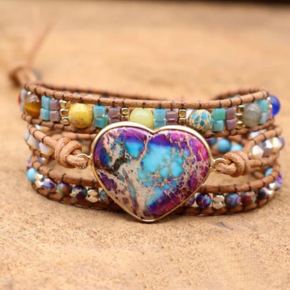 Natural Imperial Jasper Heart Charm Braided Bracelet